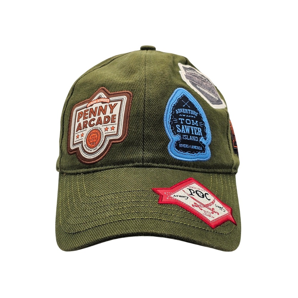 Disney Parks Attractions Multi Patch Olive Green Strapback Hat Tom Sawyer Cap